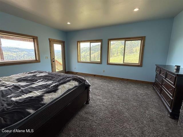 240 Canyon Dr, Kooskia, ID 83539 - bedroom featuring access to outside, dark carpet, baseboards, and recessed lighting