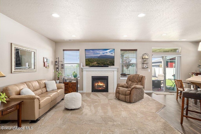 4615 N Connery Loop, Post Falls, ID 83854 - living area with a textured ceiling, wood finished floors, plenty of natural light, a fireplace, and recessed lighting