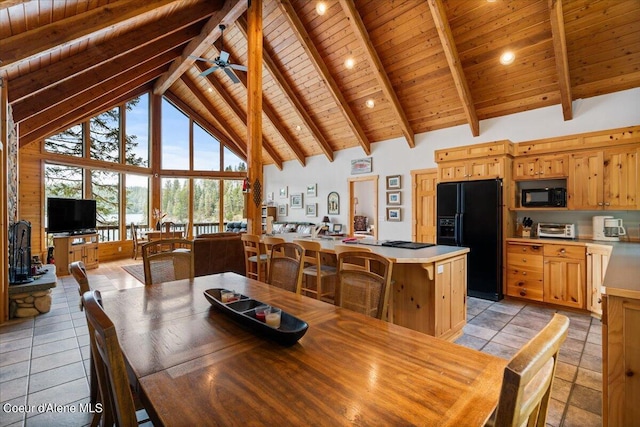 7373 E Hayden Haven Rd, Hayden, ID 83835 - dining area featuring wooden ceiling with exposed beams, high vaulted ceiling, and ceiling fan