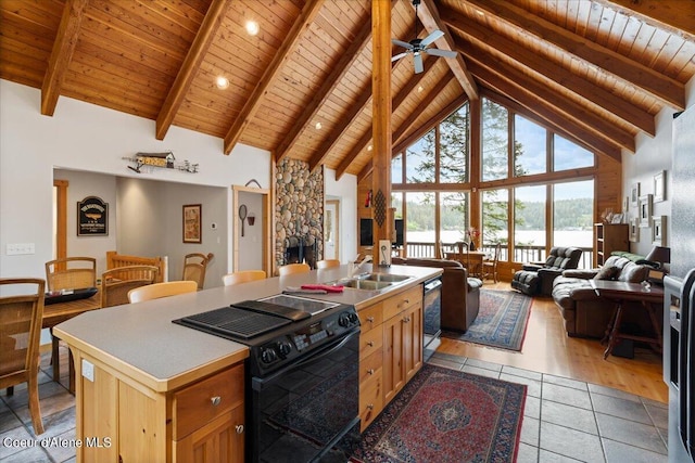 7373 E Hayden Haven Rd, Hayden, ID 83835 - kitchen featuring black appliances, wooden ceiling with exposed beams, open floor plan, a sink, and high vaulted ceiling