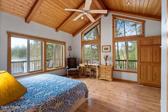 7373 E Hayden Haven Rd, Hayden, ID 83835 - bedroom featuring wooden ceiling with exposed beams, wood finished floors, baseboards, and high vaulted ceiling