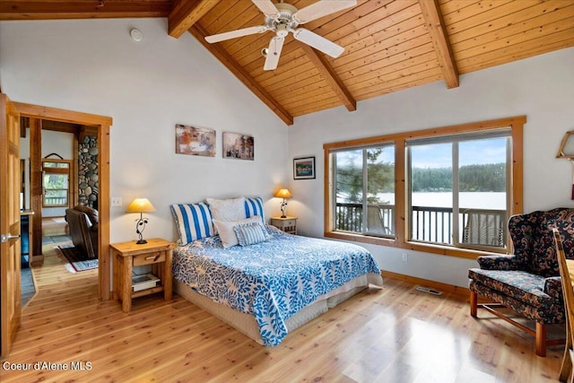 7373 E Hayden Haven Rd, Hayden, ID 83835 - bedroom with light wood-style flooring, wooden ceiling with exposed beams, high vaulted ceiling, baseboards, and ceiling fan