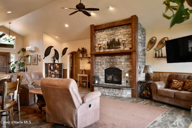 995 S Saddleback Dr, Coeur Dalene, ID 83814 - living area featuring lofted ceiling, ceiling fan, a stone fireplace, arched walkways, and a chandelier