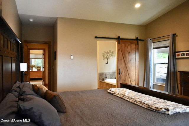 995 S Saddleback Dr, Coeur Dalene, ID 83814 - bedroom with a barn door, recessed lighting, and connected bathroom
