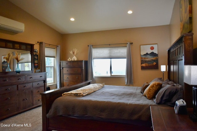 995 S Saddleback Dr, Coeur Dalene, ID 83814 - bedroom with a wall mounted AC, lofted ceiling, recessed lighting, and light carpet