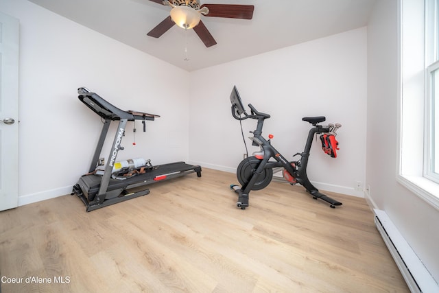 1707 E 2nd Ave, Post Falls, ID 83854 - exercise room with baseboard heating, a ceiling fan, wood finished floors, and baseboards