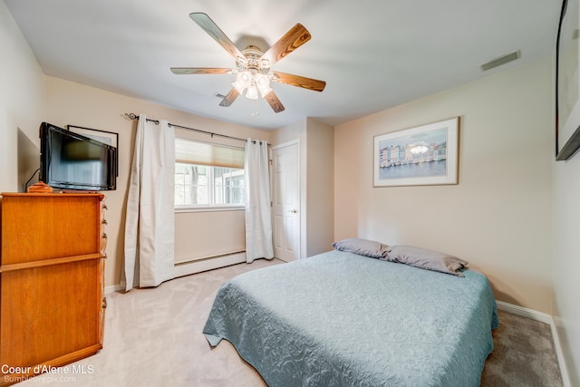 7485 E Revilo Point Rd, Hayden, ID 83835 - bedroom with carpet floors, baseboards, a ceiling fan, and a baseboard radiator