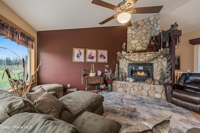 222 E Remington Rd, Athol, ID 83801 - living area with vaulted ceiling, ceiling fan, a fireplace, and wood finished floors