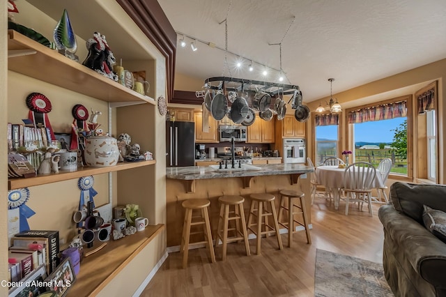 222 E Remington Rd, Athol, ID 83801 - kitchen featuring appliances with stainless steel finishes, track lighting, light wood-style flooring, and a breakfast bar