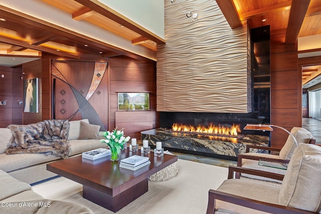 2051 S Island Green Dr, Coeur Dalene, ID 83814 - living room with wooden walls, a high end fireplace, and wood ceiling with exposed beams