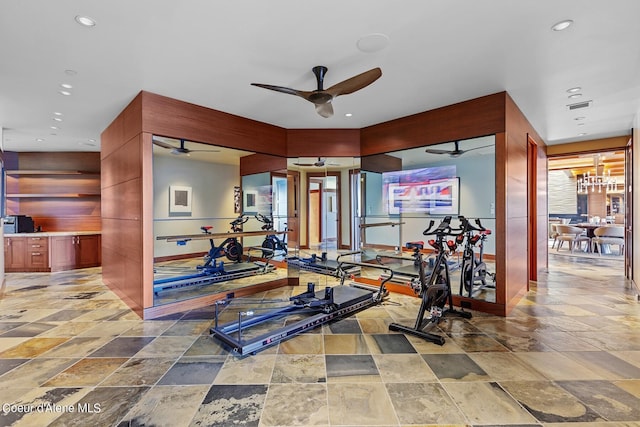 2051 S Island Green Dr, Coeur Dalene, ID 83814 - exercise area with stone tile floors, ceiling fan, recessed lighting, and baseboards