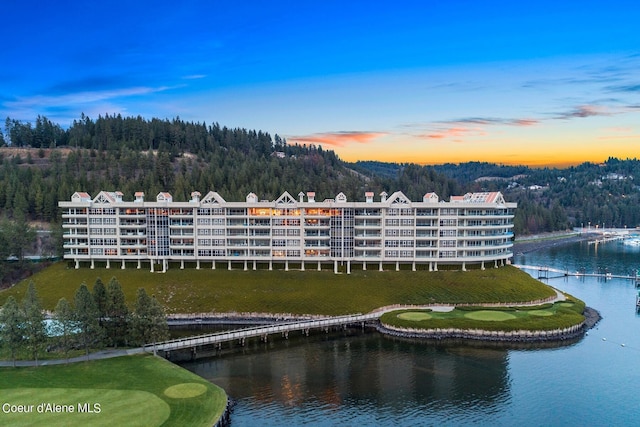2051 S Island Green Dr, Coeur Dalene, ID 83814 - aerial view at dusk of a water view and a wooded view