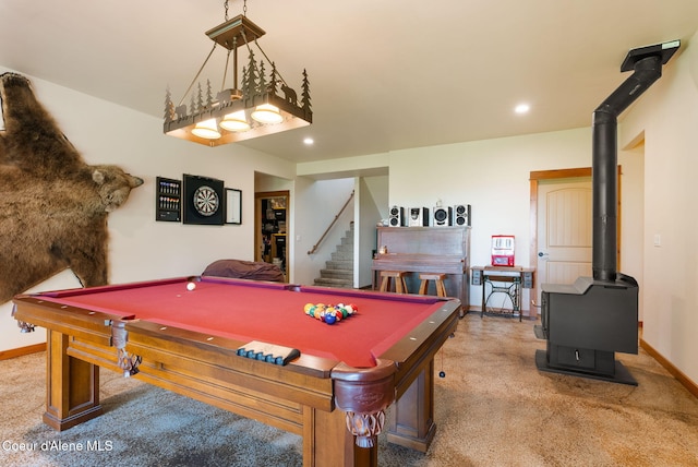 17378 N Freddi Rd, Rathdrum, ID 83858 - rec room with a wood stove, carpet floors, baseboards, billiards, and recessed lighting