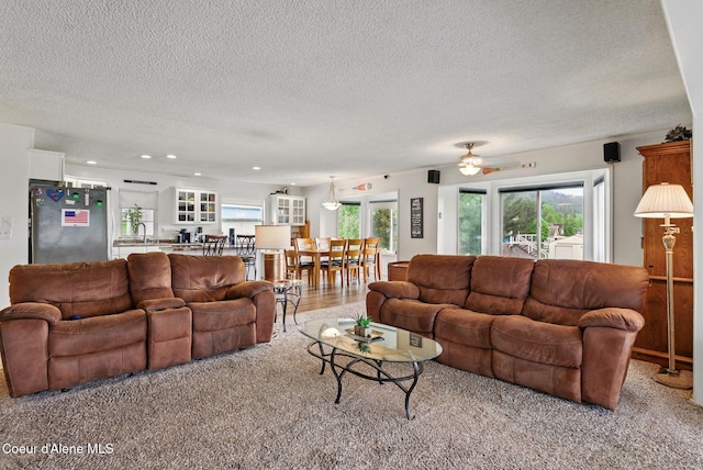 291 Comeback Bay Ln, Sagle, ID 83860 - carpeted living area featuring a textured ceiling, a sink, recessed lighting, and ceiling fan