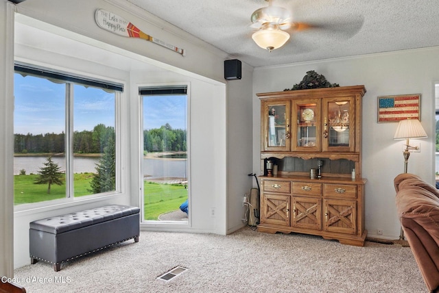 291 Comeback Bay Ln, Sagle, ID 83860 - living area with a water view, light carpet, a textured ceiling, crown molding, and ceiling fan