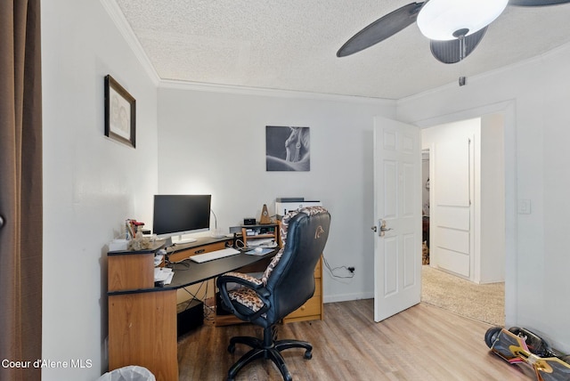 291 Comeback Bay Ln, Sagle, ID 83860 - office space featuring wood finished floors, a textured ceiling, ornamental molding, a ceiling fan, and baseboards