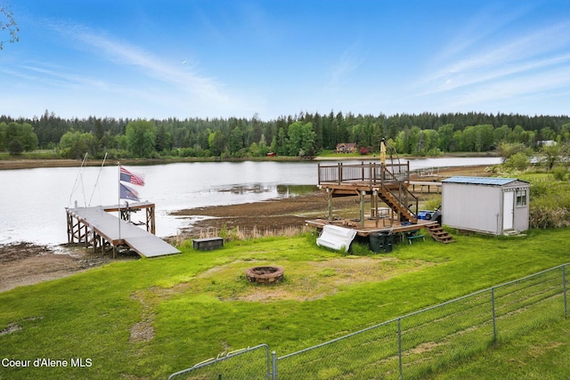 291 Comeback Bay Ln, Sagle, ID 83860 - dock area with an outdoor fire pit, a water view, a wooded view, and stairway