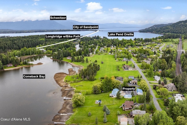 291 Comeback Bay Ln, Sagle, ID 83860 - aerial view of property's location with a large body of water, a heavily wooded area, and property boundaries highlighted