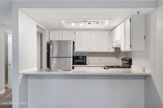64 Winterbrook Way Unit 101, Sandpoint, ID 83864 - kitchen with range with electric stovetop, freestanding refrigerator, a sink, a peninsula, and under cabinet range hood