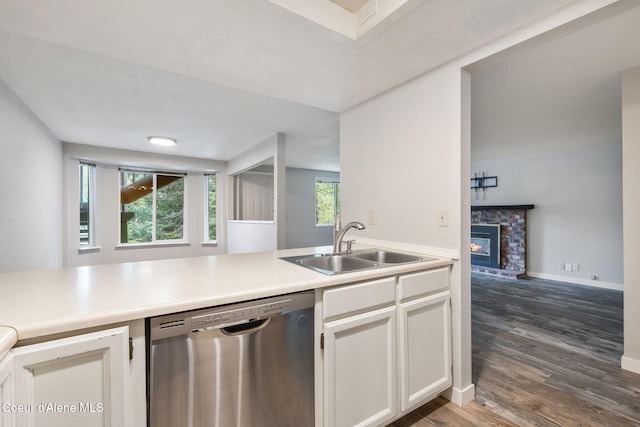 64 Winterbrook Way Unit 101, Sandpoint, ID 83864 - kitchen featuring dishwasher, a sink, dark wood-style floors, a glass covered fireplace, and white cabinetry
