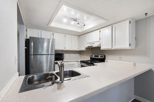 64 Winterbrook Way Unit 101, Sandpoint, ID 83864 - kitchen featuring appliances with stainless steel finishes, under cabinet range hood, a raised ceiling, a peninsula, and a sink