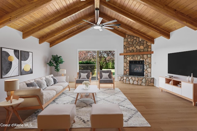 2411 W Diamond Bar Rd, Rathdrum, ID 83858 - living area with wood finished floors, a wood ceiling with exposed beams, ceiling fan, high vaulted ceiling, and a fireplace