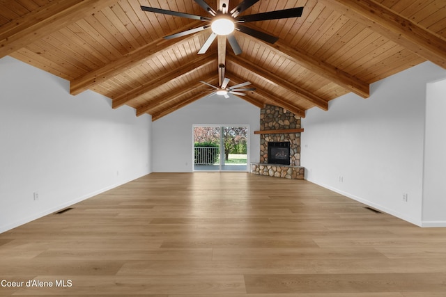 2411 W Diamond Bar Rd, Rathdrum, ID 83858 - unfurnished living room featuring a ceiling fan, a fireplace, light wood-style floors, and wood ceiling