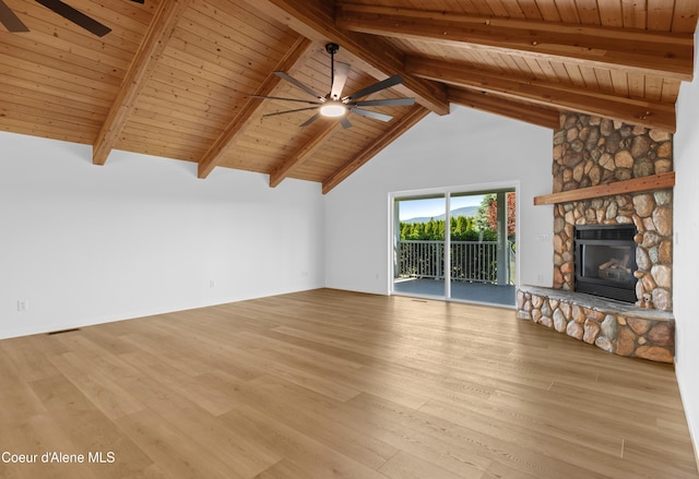 2411 W Diamond Bar Rd, Rathdrum, ID 83858 - unfurnished living room featuring a ceiling fan, a fireplace, light wood-style floors, a wood ceiling with exposed beams, and high vaulted ceiling