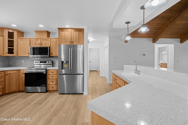2411 W Diamond Bar Rd, Rathdrum, ID 83858 - kitchen featuring stainless steel appliances, light wood finished floors, glass insert cabinets, backsplash, and hanging light fixtures