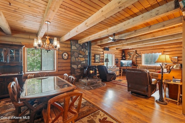 1180 Mountain View Rd, Clark Fork, ID 83811 - dining area featuring a wood stove, a chandelier, log walls, wooden ceiling with exposed beams, and hardwood / wood-style floors