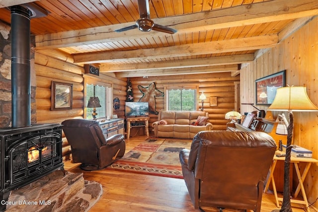 1180 Mountain View Rd, Clark Fork, ID 83811 - living room with a wood stove, wood ceiling with exposed beams, wood-type flooring, rustic walls, and a ceiling fan