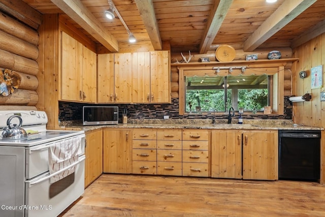 1180 Mountain View Rd, Clark Fork, ID 83811 - kitchen featuring range with two ovens, black dishwasher, a sink, light brown cabinets, and log walls