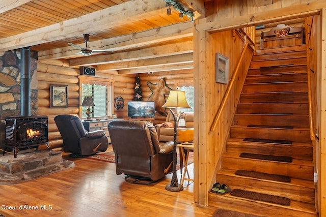 1180 Mountain View Rd, Clark Fork, ID 83811 - living area featuring log walls, stairs, a wood stove, wood-type flooring, and ceiling fan