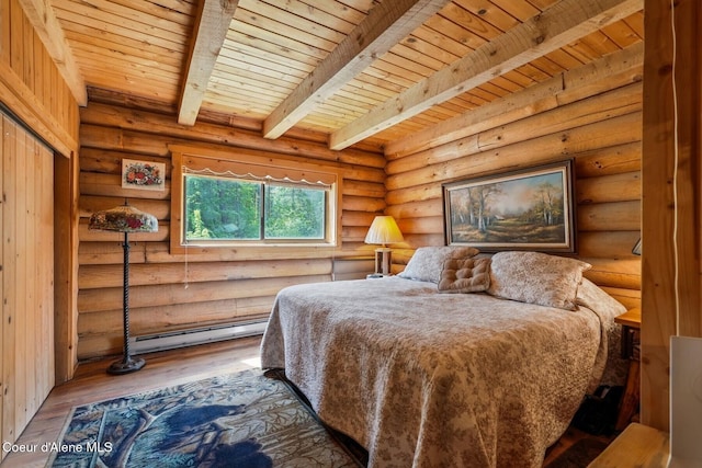 1180 Mountain View Rd, Clark Fork, ID 83811 - bedroom with a baseboard heating unit, wood ceiling with exposed beams, wood finished floors, and rustic walls