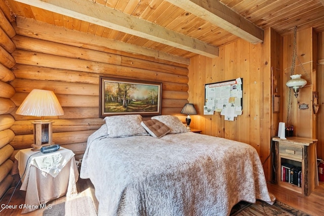 1180 Mountain View Rd, Clark Fork, ID 83811 - bedroom featuring wooden ceiling with exposed beams, wood finished floors, and log walls