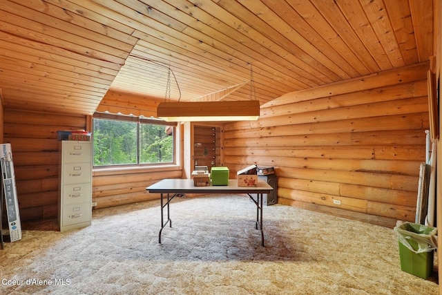 1180 Mountain View Rd, Clark Fork, ID 83811 - office featuring rustic walls, wooden ceiling, carpet flooring, and lofted ceiling