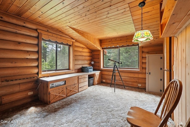 1180 Mountain View Rd, Clark Fork, ID 83811 - home office featuring wood ceiling, light colored carpet, and rustic walls