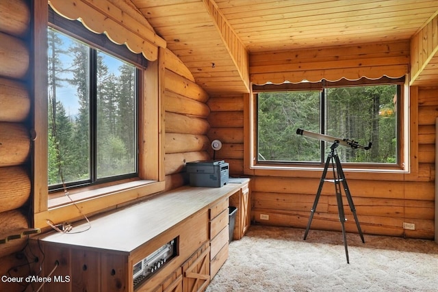 1180 Mountain View Rd, Clark Fork, ID 83811 - bedroom featuring log walls, wooden ceiling, and light carpet
