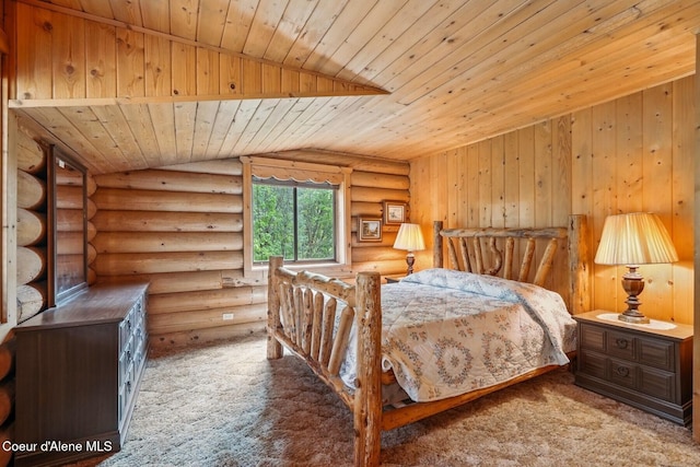 1180 Mountain View Rd, Clark Fork, ID 83811 - carpeted bedroom featuring lofted ceiling, wood ceiling, and log walls