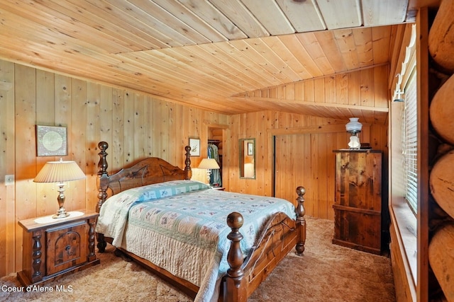 1180 Mountain View Rd, Clark Fork, ID 83811 - bedroom with carpet, wooden walls, wood ceiling, and lofted ceiling