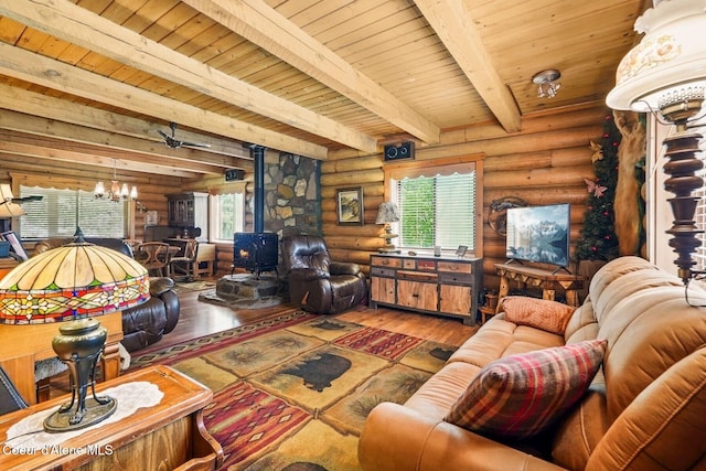 1180 Mountain View Rd, Clark Fork, ID 83811 - living room featuring rustic walls, a wood stove, hardwood / wood-style flooring, a chandelier, and wood ceiling with exposed beams