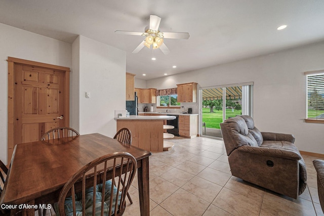 49-C Chardonnay Dr, Blanchard, ID 83804 - dining area with recessed lighting, ceiling fan, light tile patterned floors, and baseboards