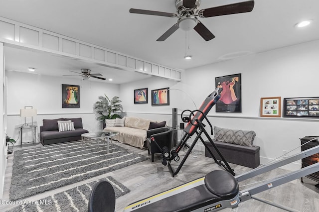 2840 W Masters Dr, Coeur Dalene, ID 83815 - exercise area featuring a ceiling fan, wood finished floors, and recessed lighting