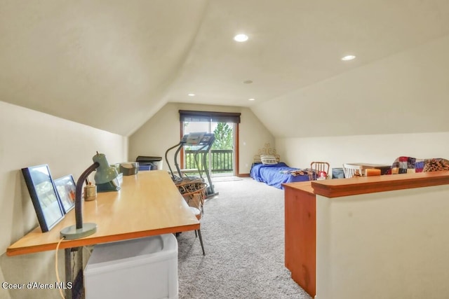 558 Grouse Hill Rd, Bonners Ferry, ID 83805 - carpeted bedroom with access to outside, vaulted ceiling, and recessed lighting