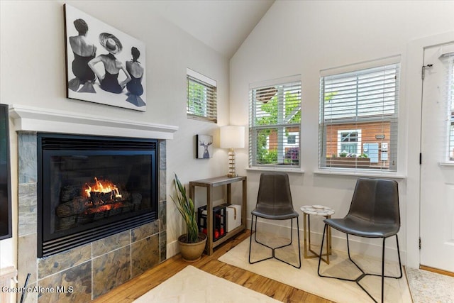199 Pomrankey Ln, Dover, ID 83825 - sitting room with a warm lit fireplace, lofted ceiling, and wood finished floors
