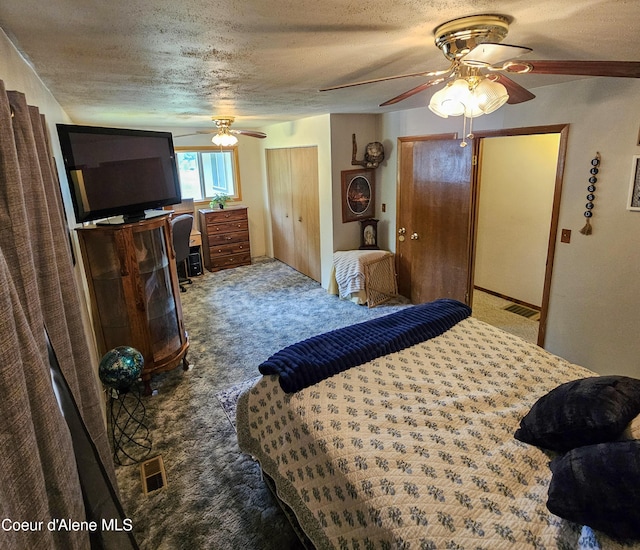8705 N Ramsey Rd, Hayden, ID 83835 - carpeted bedroom with two closets, a ceiling fan, and a textured ceiling