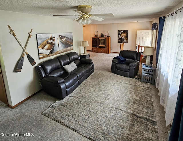8705 N Ramsey Rd, Hayden, ID 83835 - living room featuring carpet, ceiling fan, a textured ceiling, and baseboards
