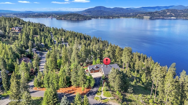 4618 S Scenic Dr, Coeur Dalene, ID 83814 - aerial overview of property's location featuring a water and mountain view and a heavily wooded area
