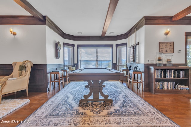 4618 S Scenic Dr, Coeur Dalene, ID 83814 - rec room featuring beamed ceiling, billiards table, wood finished floors, and a wainscoted wall