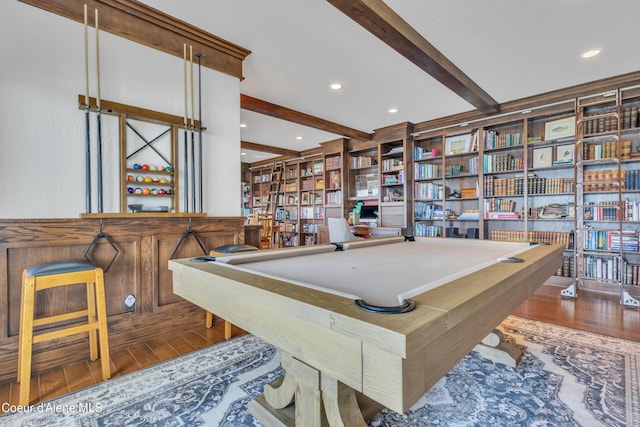 4618 S Scenic Dr, Coeur Dalene, ID 83814 - recreation room with beamed ceiling, wood finished floors, billiards table, and recessed lighting